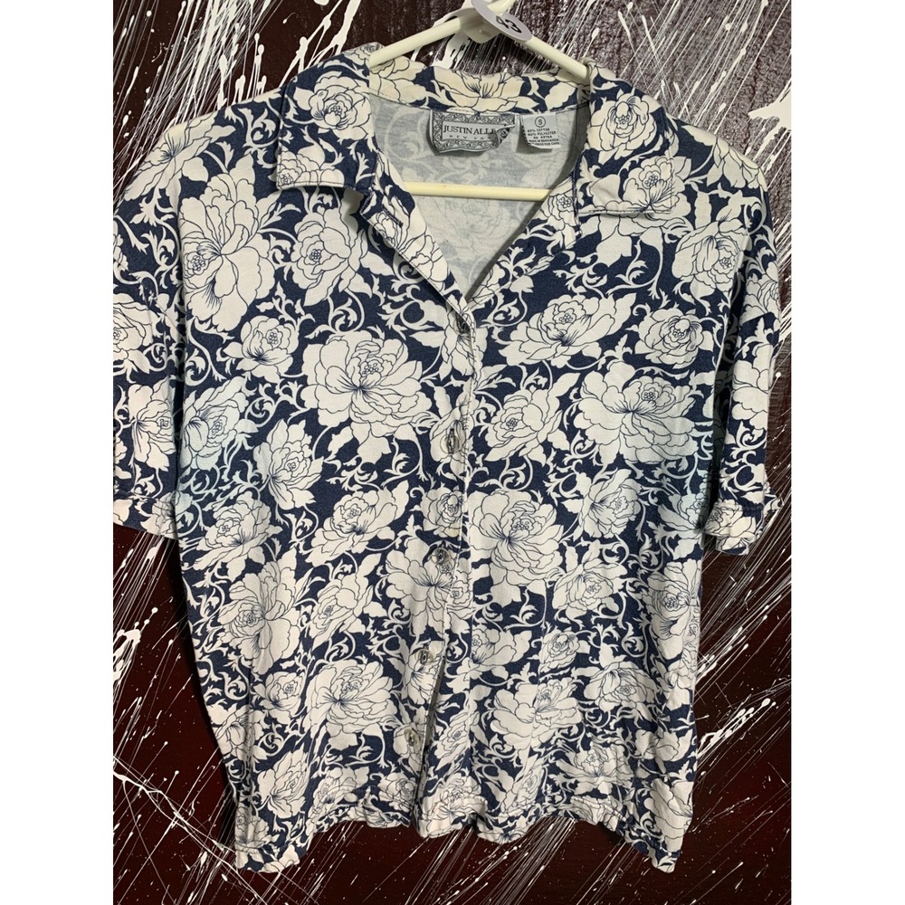Justin Allen New York Blue White Floral Button Down Shirt Short‎ Sleeve Small